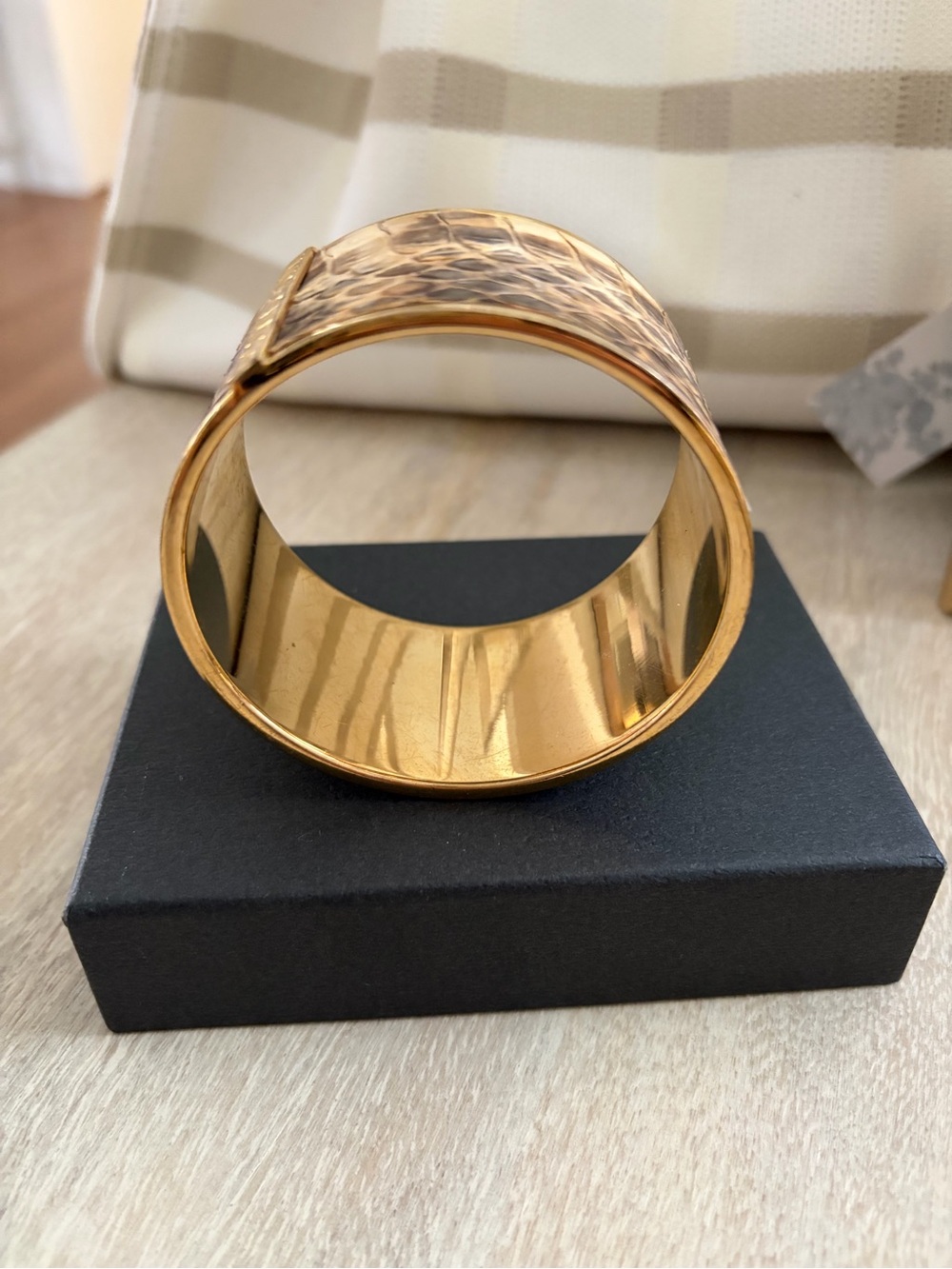 Vince Camuto Brown and Gold Snake-Embossed Wide Cuff Bracelet
